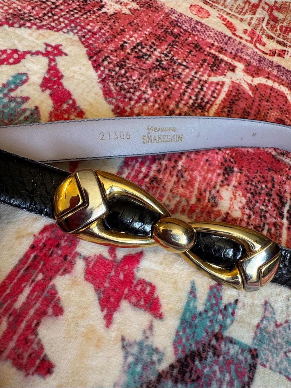 Black Snakeskin Leather Waist Belt with Gold Bow Accent